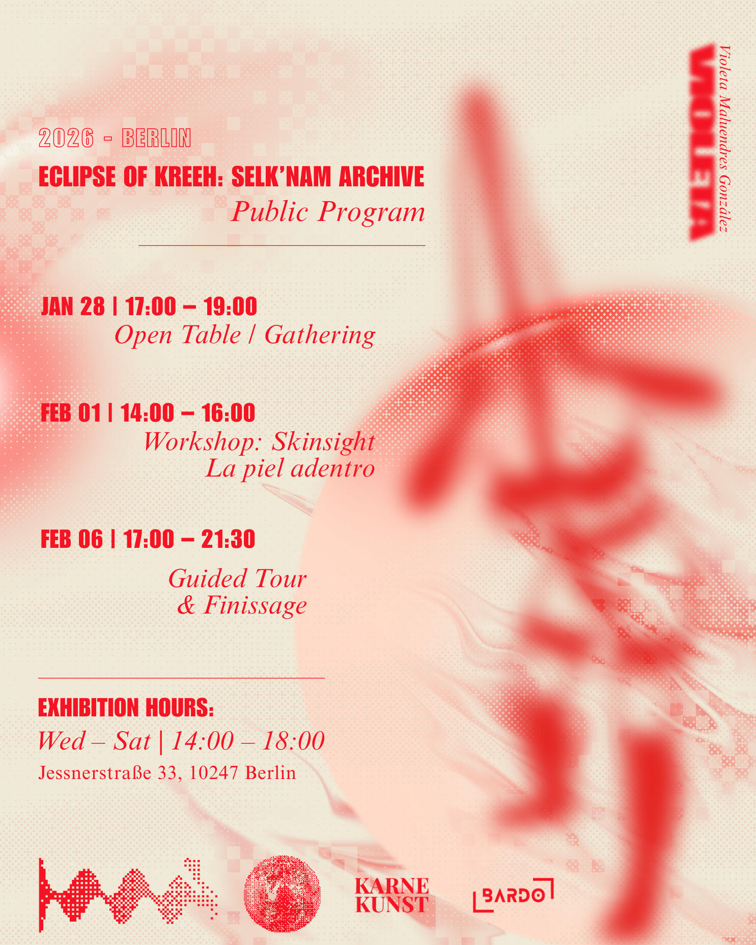 Flyer Eclipse of Kreeh - Public Program As the exhibition unfolds at Bardo Projektraum, the installation expands beyond memory into a series of activations. These encounters open the Selk’nam Archive as a space for presence, collective practice, and reflection. The program invites visitors to mo